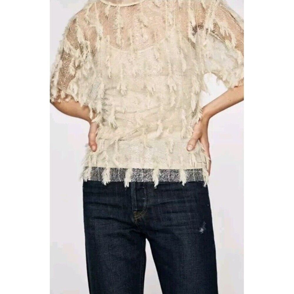 Zara Woman Lace Blouse Feathers Size S Festival Coachella Rave Top Blogger's Fav